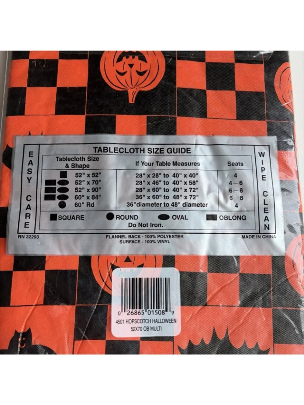 Vintage Halloween Flannel Backed Vinyl Tablecloth Pumpkins Bats Rectangle 52x70”